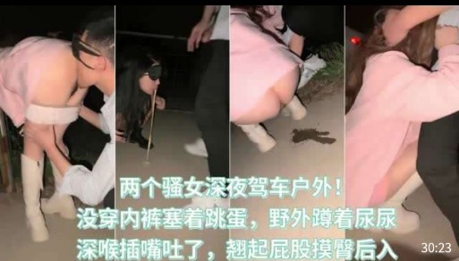 两个骚女深夜驾车户外,没穿内裤塞着跳蛋,野外蹲着尿尿,深喉插嘴吐了,翘起屁股摸臀后入