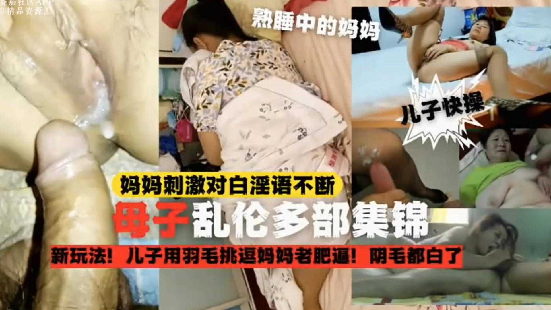 【成年母子乱伦多部锦集】儿子用羽毛挑逗妈妈老肥比，阴毛都白了，刺激对白淫语不断